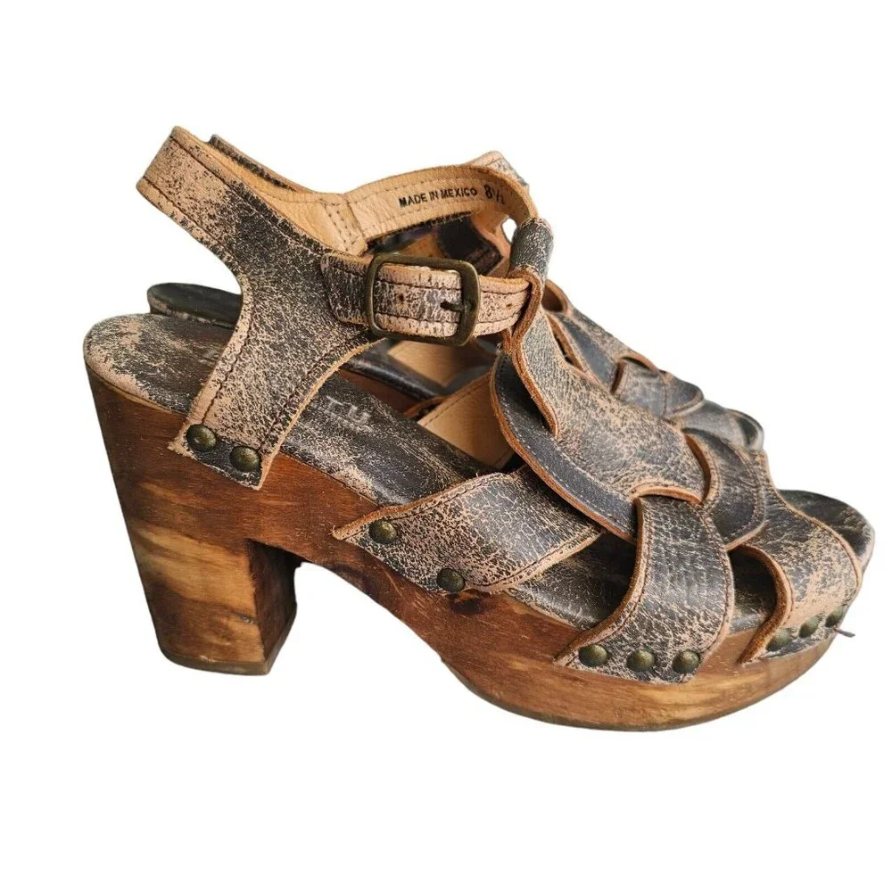 Bed Stu Size 8.5 Caitlin Platform Wood‎ Heels Brown Distressed Leather S…